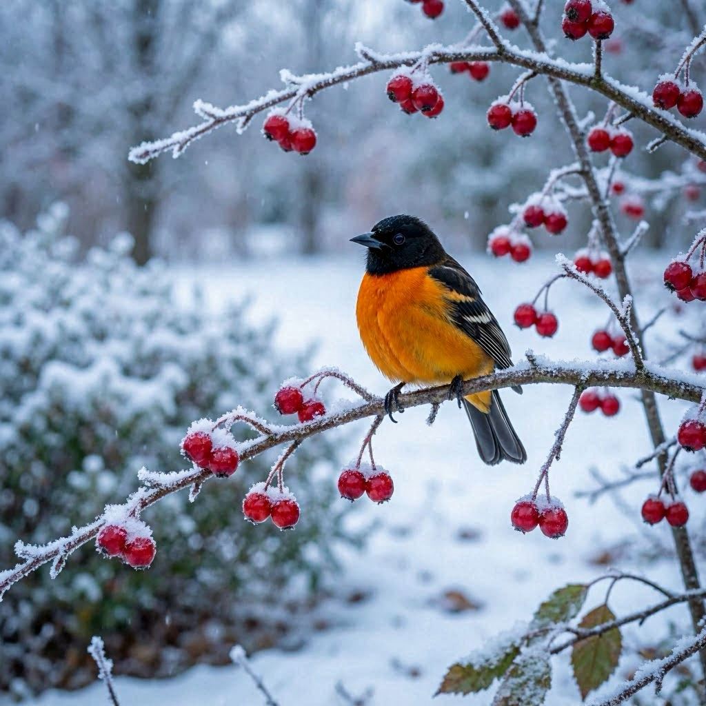 A Baltimore oriole perched among snow-dusted red berry branches, its bright orange chest glowing against the frosty scene, cool winter light with subtle blue shadows, 50mm prime lens, shallow depth of field for dreamy isolation.