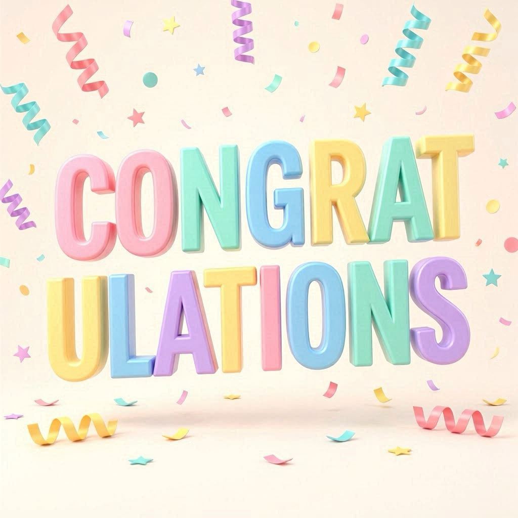 A playful congratulations GIF with chunky 3D block letters bouncing into frame, followed by an explosion of multicolored confetti and streamers, bright studio lighting, pastel background, smooth 60fps animation style, rendered in crisp vector art.