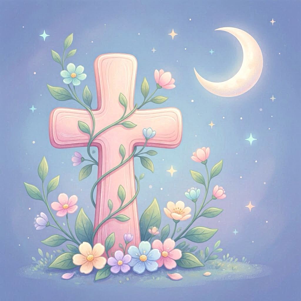 A delicate Easter cross in blush pink surrounded by green vines and pastel blossoms, set under a serene crescent moon with twinkling stars, dreamy vector art style with soft gradients and gentle color blending for a peaceful holiday design.