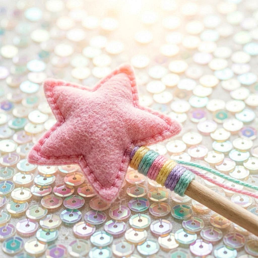 A magical fairy wand made from pink felt star, wrapped in pastel yarn ribbons, lying on a sparkling sequin fabric, iridescent color palette, illuminated with soft backlight, close-up shot at f/2.8 for enchanting bokeh effect.