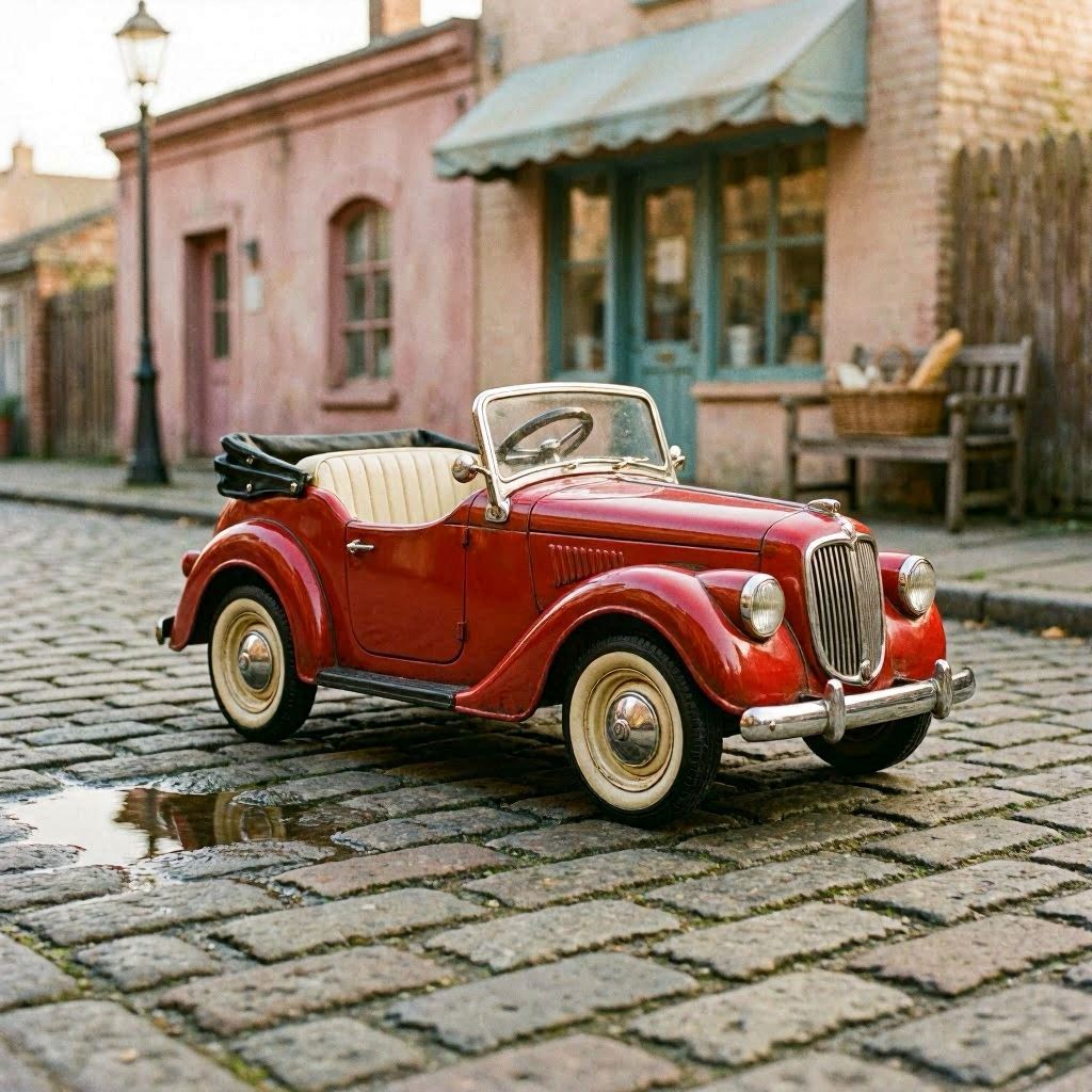 A vintage-inspired convertible ride-on car for children in cherry red with chrome bumpers and whitewall tires, staged on a cobblestone street under soft morning light, muted pastel backdrop, captured with a tilt-shift lens for miniature effect.
