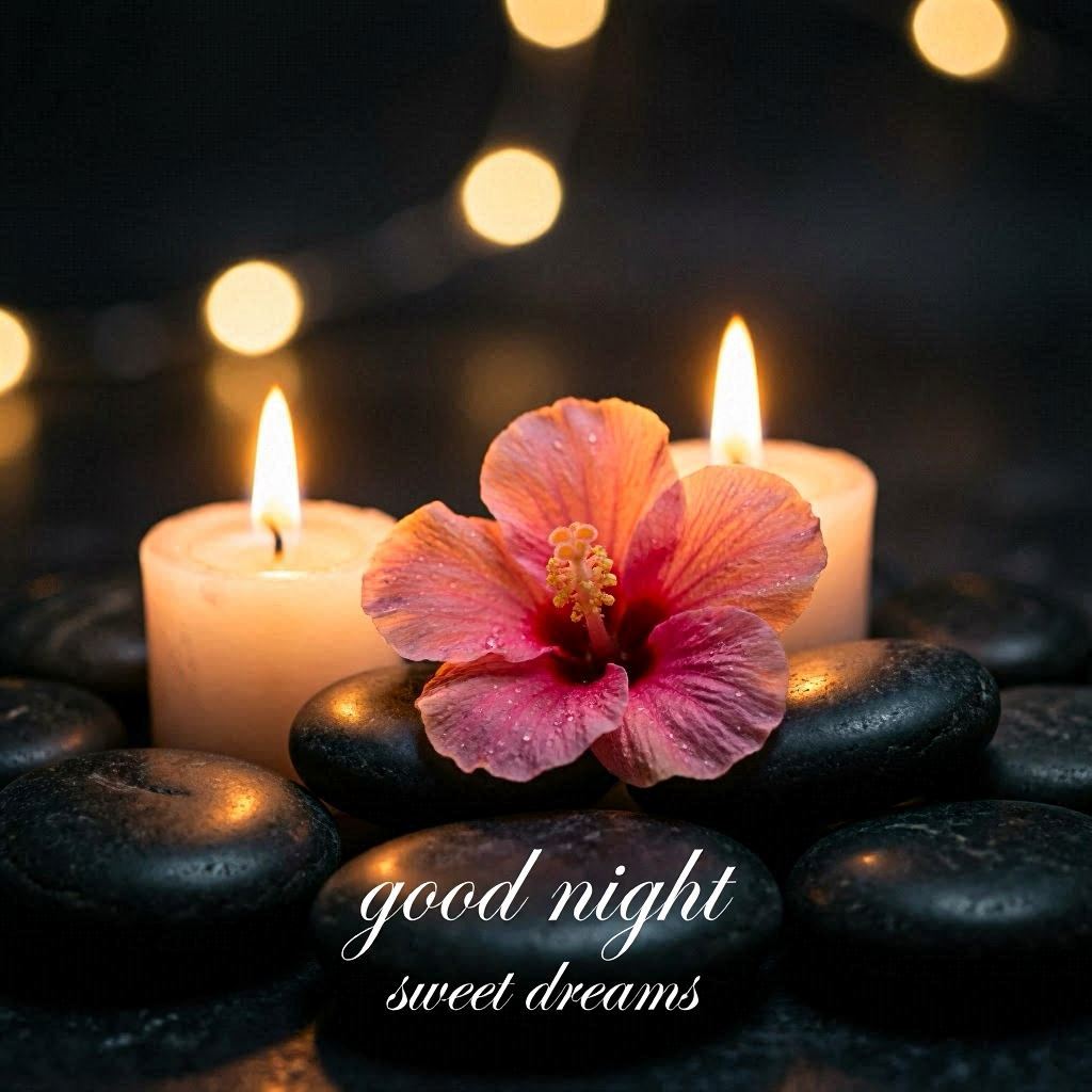 "Two flickering candles beside a delicate pink hibiscus flower resting on smooth black spa stones, set against a velvety dark background, warm amber light reflecting off surfaces, macro close-up with creamy bokeh, 100mm lens, overlaid with refined white script reading ""Good Night"" and ""Sweet Dreams""."