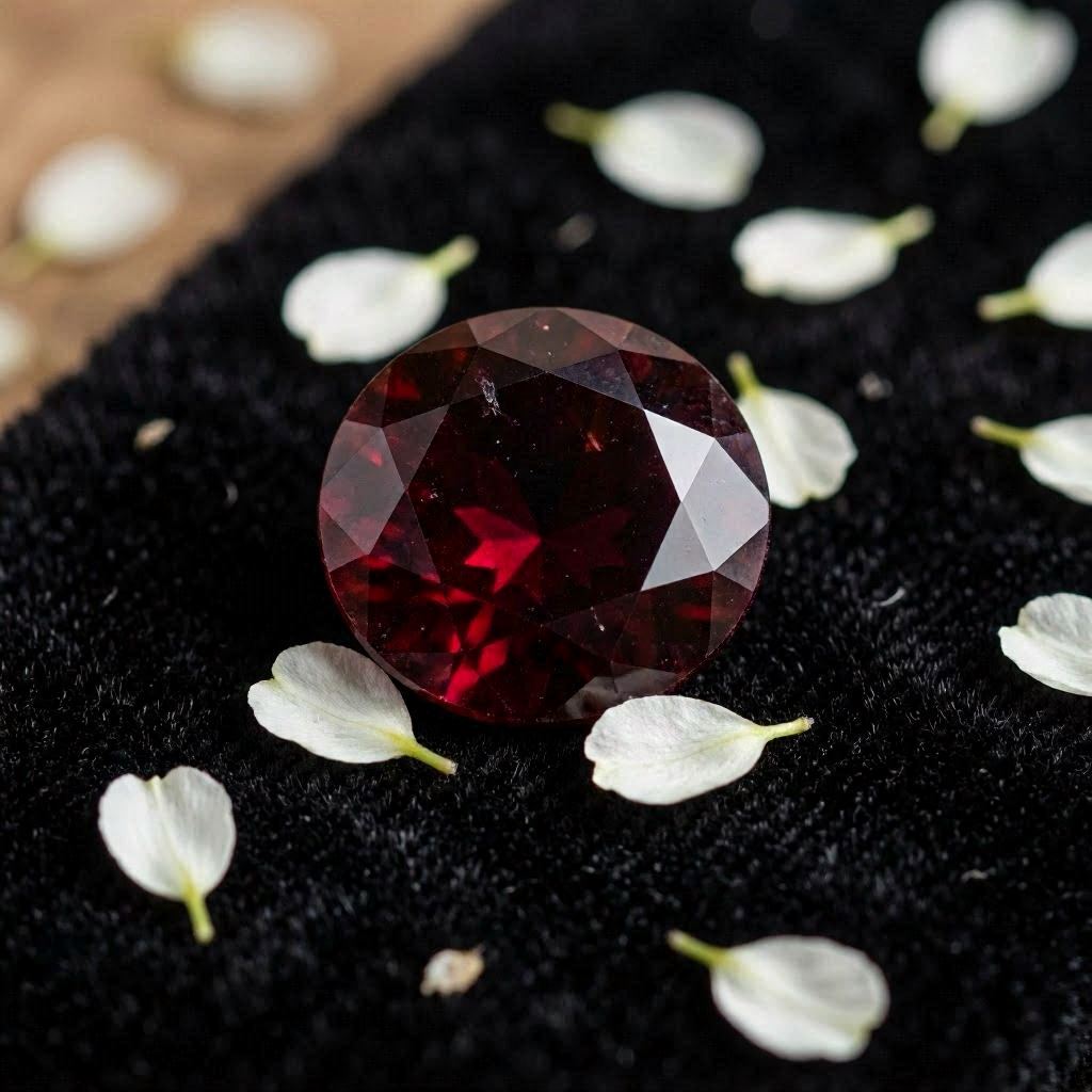 An extreme close-up macro of a deep red garnet, the January birthstone, resting on black velvet with tiny white flower petals scattered around, illuminated by soft diffused light to highlight its facets, captured with a 100mm macro lens at f/2.8 for creamy bokeh background.